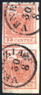 O/pair 1852, Coppia Verticale 15 Cent. Rosso III Tipo Con Spazio Tipografico In Mezzo, Sass. 6m - Lombardo-Veneto