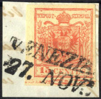 Piece 1852, Frammento Con 15 Cent. Rosso III Tipo Con Spazio Tipografico In Basso, Firmato AD, Sass. 6m - Lombardy-Venetia