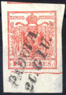 Piece 1852, Frammento Con 15 Cent. Rosso III Tipo Con Spazio Tipografico In Basso, Sass. 6m - Lombardo-Venetien