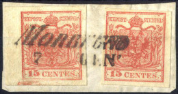 Piece 1852, Frammento Con Due 15 Cent. Rosso III Tipo Bordo Di Foglio A Sinistra Con Spazio Tipografico In Basso Del Val - Lombardy-Venetia