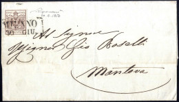 Cover 1850, Lettera Da Milano (SD II 7 P) Del 30.6 Primo Mese D'uso Per Mantova Affrancata Con 30 C Bruno Carta A Mano I - Lombardo-Veneto