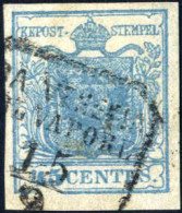 O 1850, 45 Cent. Azzurro Scuro I°tipo, Annullato, Firmato Colla, Sass. 10d / 125,- - Lombardo-Veneto