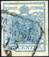 O 1850, 45 Cent. Azzurro Scuro I°tipo, Annullato, Firmato Colla, Sass. 10d / 125,- - Lombardo-Vénétie