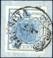 Piece 1850, 45 Cent. Azzurro Scuro I°tipo, Frammento Annullato A Brescia, Splendido, Firmato Colla, Sass. 10d / 150,- - Lombardy-Venetia