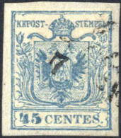 O 1850, 45 Cent. Azzurro Ardesia II°tipo, Usato, Splendido, Firmato Sottoriva, Sass. 11 / 120,- - Lombardo-Vénétie