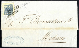 Cover 1850, 45 Cent. Azzurro Oltremare, Carta A Mano, Su Lettera Da Treviso 13.1.1856 Per Modena, Tonalità Molto Rara In - Lombardy-Venetia