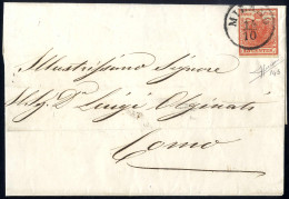 Cover 1851, "Carta Costolata", 15 Cent, Rosso Vermiglio Intenso, Primo Tipo, Su Lettera Da Milano, Cert. Sorani (Sass. 1 - Lombardy-Venetia