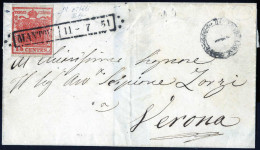 Cover 1851, Lettera Da Mantova (R51 Punti 3) Del 11.7 Per Verona Affrancata Con 15 Cent. Rosso Vermiglio II Tipo Carta A - Lombardo-Venetien