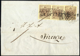 Cover 1851, "Carta Costolata", 30 Cent. Bruno Rossastro, Striscia Orizzontale Su Lettera Doppio Porto Della Terza Distan - Lombardo-Vénétie
