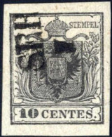 O 1850, 10 Cent. Nero, Usato, Splendido, Firmato Colla, Sass. 2 / 250,- - Lombardo-Vénétie
