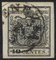 O 1854, 10 Cent. Nero, Carta A Macchina, Carta Spessa 0,12mm, Cert. Goller (Sass. 19) - Lombardy-Venetia