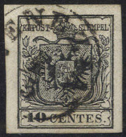 O 1854, 10 Cent. Nero, Carta A Macchina, Carta Spessa 0,12mm, Cert. Goller (Sass. 19) - Lombardo-Vénétie