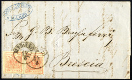 Cover 1854, 15 Cent. Rosso Vermiglio, Carta A Macchina, Due Esemplari Su Lettera Da Milano, (Sass. 20 - ANK 3MIII) - Lombardo-Vénétie