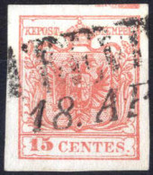 O 1852, 15 Cent. Rosa III Tipo Con Spazio Tipografico In Basso, Firmato Sorani, Sass. 20g - Lombardo-Vénétie
