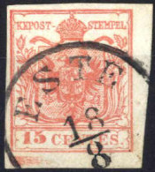 O 1854, 15 Cent. Rosa III Tipo Con Spazio Tipografico In Alto, Sass. 20g - Lombardy-Venetia