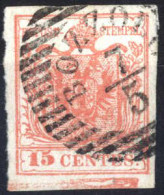 O 1854, 15 Cent. Rosa III Tipo Con Spazio Tipografico In Basso, Cert. Enzo Diena, Sass. 20g - Lombardo-Venetien