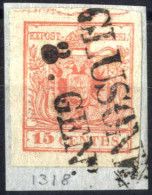 Piece 1854, Frammento Con 15 Cent. Rosa III Tipo Con Spazio Tipografico In Alto, Annullato Clusone Il 8.2 (Sass. 4 Punti - Lombardy-Venetia