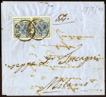 Cover 1855, Lettera Da Venezia Del 17.5 Per Milano Affrancata Con Coppia 45 Cent. Azzurro III Tipo Carta A Macchina, Sas - Lombardy-Venetia