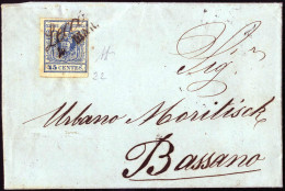 Cover 1857, Lettera Da Lecco Del 4.3 Per Bassano Affrancata Con 45 Cent. Azzurro Carta A Macchina III Tipo, Sass. 22 / 4 - Lombardy-Venetia