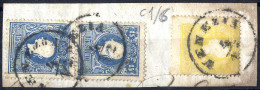 Piece 1859, Frammento Affrancato Con 2 Soldi Giallo + Due Esemplari 15 Soldi Azzurro Da Venezia (Sass. 28+32+32) - Lombardo-Vénétie