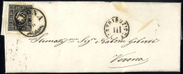 Cover 1859, 3 Soldi Nero, Secondo Tipo, Su Splendida Lettera Da Verona 4.10.1860 Per Città (Sass. 29) - Lombardo-Vénétie