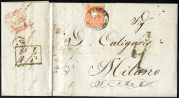 Cover 1859, Lettera Da Verona 20.2.1861 Per Milano Affrancata Fino Al Confine Con 5 Soldi Rosso, Secondo Tipo, Tassa "2" - Lombardy-Venetia