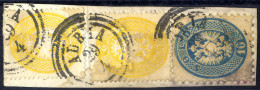 Piece 1863/64, 2 + 2 Soldi Giallo, Quarta Emissione, Più 10 Soldi Azzurro, Quinta Emissione, Su Frammento Da Adria (Sass - Lombardo-Venetien