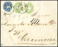 Cover 1863/64, Lettera Di Tre Sezioni Da Verona 14.5.1864 Per Cremona Con Affrancatura Mista 3 + 3 Soldi Verde, Quarta E - Lombardo-Vénétie