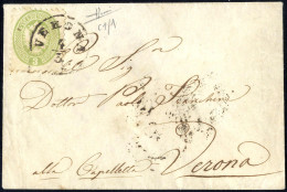 Cover 1864, 3 Soldi Verde Su Lettera Da Verona Per Città, Firm. Sorani (Sass. 42 - 550,-) - Lombardy-Venetia