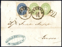 Cover 1864, Lettera Della Terza Sezione Da Venezia Affrancata Con 3 + 3 + 10 Soldi, Annullo "P. D." Sul Fronte (Sass. 42 - Lombardy-Venetia