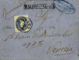 Cover 1861, "Ritaglio Di Intero Postale", 15 Soldi Azzurro (leggera Piega) Su Lettera Raccomandata Da Rovigo 29.1.1864 P - Lombardo-Venetien