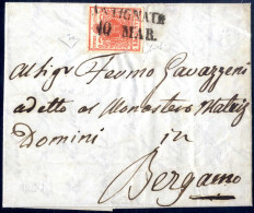 Cover Antignate, SD 11 P, Lettera Del 10.3.1851 Per Bergamo, Affrancata Con 15 C Rosso I Tipo Carta A Mano, Firmata Fiec - Lombardy-Venetia