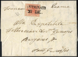 Cover Antignate, SD Punti 11, Lettera Del 27.12.1850 Per Bergamo Affrancata Con 15 Cent. Rosso, Carta A Mano I Tipo, Cer - Lombardy-Venetia