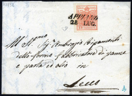 Cover Appiano, (SI Punti 7) Lettera Del 28.7.1852 Per Lecco Affrancata Con 15 Cent. Rosso II Tipo Carta A Mano, Firmata  - Lombardo-Venetien