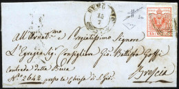 Cover Bergamo, (M Punti R2), Lettera Del 13.7.1850 Per Brescia Affrancata Con 15 Cent. Rosso I Tipo Prima Tiratura Carta - Lombardy-Venetia