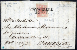 Cover Cavarzere, (SD C A Penna Punti 7), Lettera Del 22.9.1851 Per Venezia Affrancata 15 Cent. Rosa II Tipo Carta A Mano - Lombardo-Vénétie