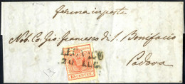 Cover Legnago, SD Azzurro 12 P, Lettera Del 20.7.1850 Per Padova, Affrancata Con 15 C Rosso I Tipo I Tiratura Carta A Ma - Lombardy-Venetia