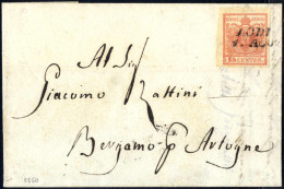 Cover Lodi, SI 7 P, Lettera Del 1.8.1850 Per Bergamo, Affrancata Con 15 C Rosso I Tipo Carta A Mano, Sass. 3 / 980,- - Lombardo-Veneto