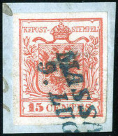 Piece Massa, SI Azzurro Punti R3, Frammento Del 9.7.1850 Ultima Data Nota Per Questo Bollo Affrancato Con 15 Cent. Rosso - Lombardy-Venetia