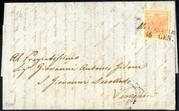 Cover Montebelluno, SI Lg. Punti 6, Lettera Del 18.1.1854 Per Venezia Affrancata Con 15 Cent. III Tipo Carta A Mano, Fir - Lombardo-Veneto