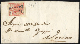 Cover Padova, SI Azzurro Punti 11, Lettera Del 22.6.1850 Primo Mese D'uso Per Verona Affrancata Con 15 Cent. Rosso, Cart - Lombardo-Veneto