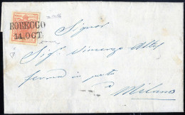 Cover Robecco, (SD Punti 9) Lettera Del 11.10.1852 Per Milano Affrancata Con 15 Cent. Rosa II Tipo Carta A Mano, Cert. C - Lombardo-Venetien