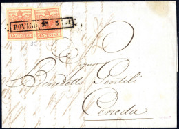 Delcampe - Cover Rovigo, R51 Punti 5, Lettera Del 25.3.1851 Per Ceneda Affrancata Con Due 15 Cent. Rosso Vermiglio I Tipo Carta A M - Lombardo-Vénétie
