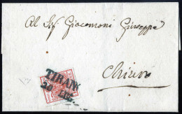 Cover Tirano, (SD Azzurro Punti R1), Su Lettera Del 26.7.1850 Affrancata Con 15 Cent. Rosso Carta A Mano I Tipo Prima Ti - Lombardy-Venetia