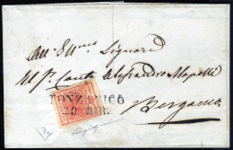 Cover Tonzanico, (SD Punti 12), Lettera Del 20.3.1851 Per Bergamo Affrancata Con 15 Cent. Rosso Vermiglio Carta A Mano I - Lombardy-Venetia