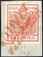 Piece Venezia, SI Rosso Punti R2, Frammento Del 17.6,1850 Primo Mese D'uso Con 15 Cent. Rosso, Carta A Mano I Tipo, Prim - Lombardo-Venetien
