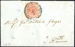 Cover Vestone, LO Punti 5, Lettera Del 6.8.1853 Per Creta Affrancata Con 15 Cent. Rosso III Tipo Carta A Mano, Firmta ED - Lombardy-Venetia