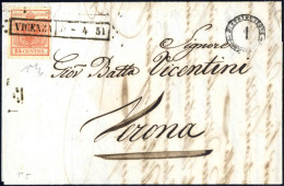Cover Vicenza, R51 Punti 5, Lettera Del 13.4.1851 Per Verona Affrancata Con 15 Cent. Rosso I Tipo Carta A Mano, Firmata  - Lombardo-Vénétie