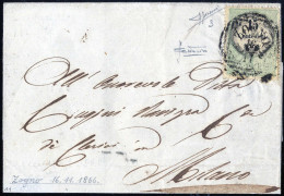 Cover Zogno, (LOV Punti 11) Lettera Del 16.11.1856 Per Milano Affrancata Con 15 Cent. Verde E Nero Tipografico, Firmata  - Lombardy-Venetia