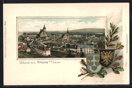 Passepartout-Lithographie Krems A.d. Donau, Ortsansicht, Stadtwappen  - Other & Unclassified